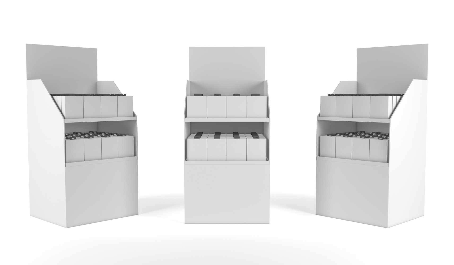 Big PDQ Display With Packaging Mock Up. 3 Different Angles of Point Of Sale Display. Floor Stands, Counter Stands, Exhibitions Stalls,  POP & POS.  3D Rendered
