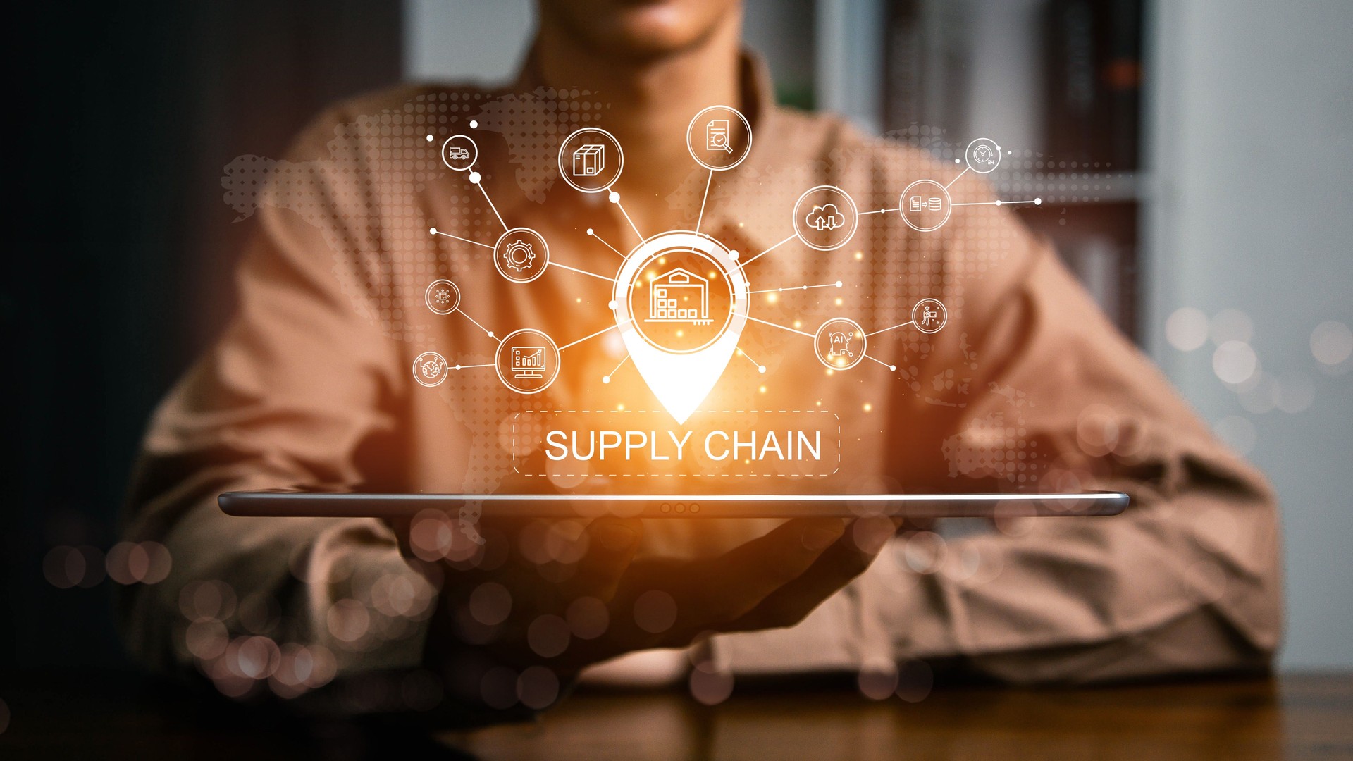Supply Chain Management concept. Businessman touching supply chain management icons, transportation and logistics suppliers network distribution growth. Cargo ships, containers, industrial trucks